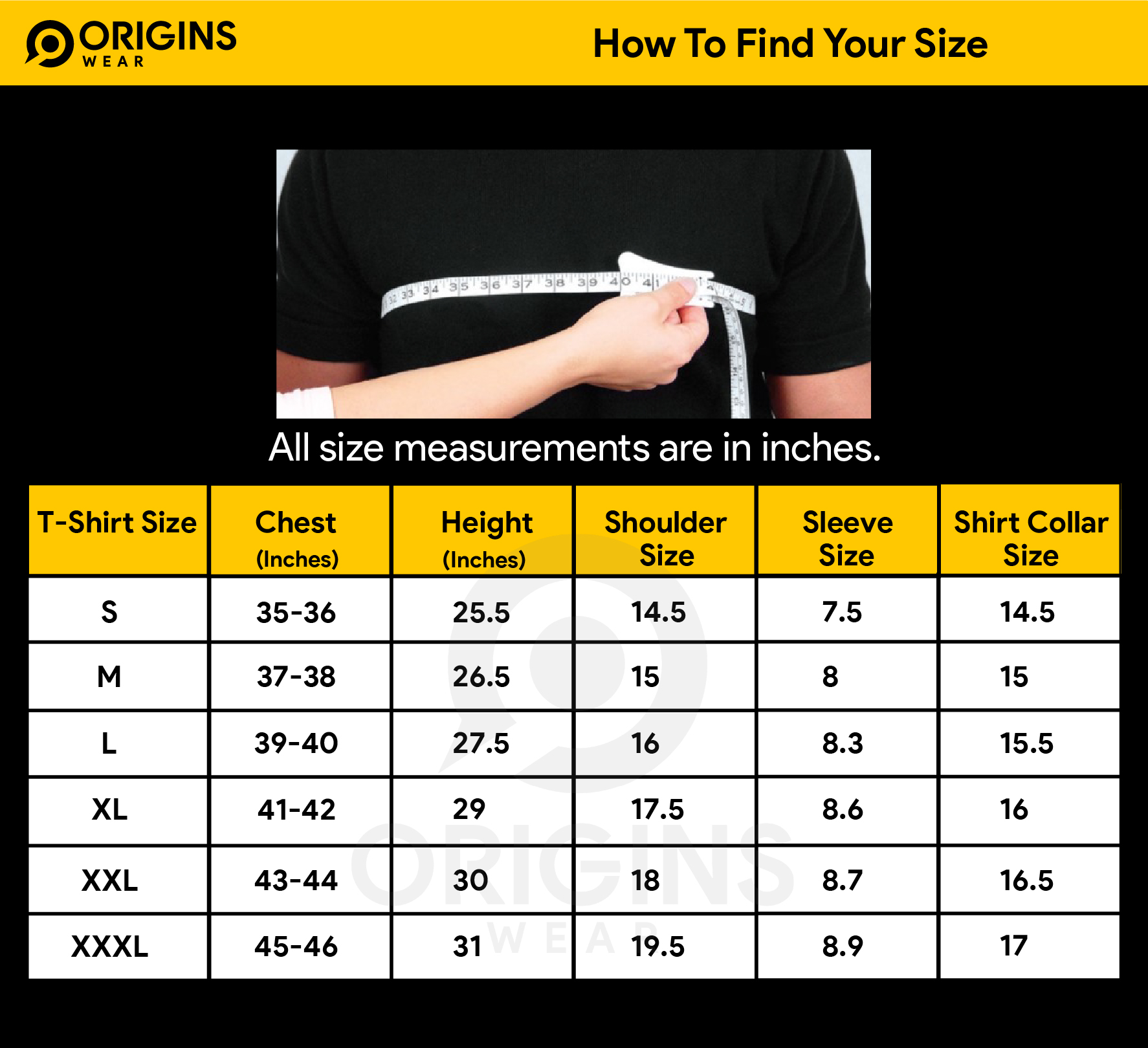 Men's T-shirts & Polo Shirts Size Charts