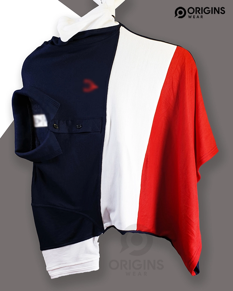 Navy Blue | White | Red Striped Collar T-Shirts - M